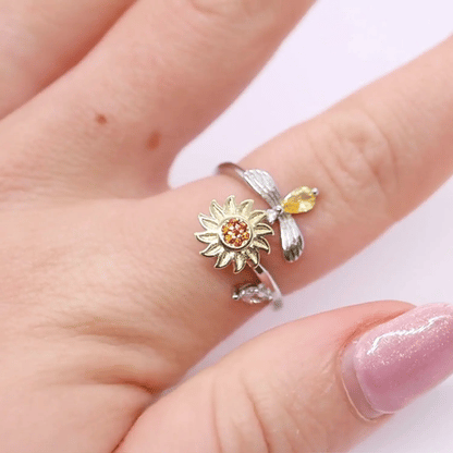 Angstring (Drehring mit Sonnenblume und Biene) silberfarben