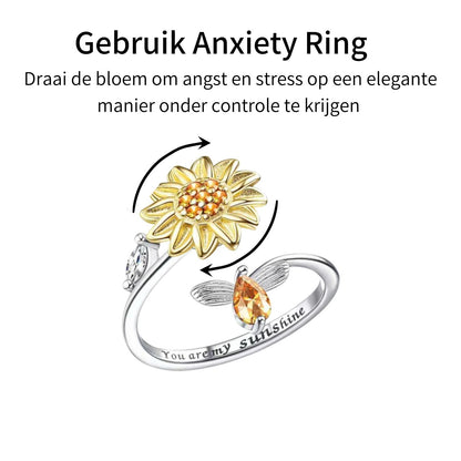 Anxiety Ring (Draairing Zonnebloem en Bij) Zilver plated koper uitleg